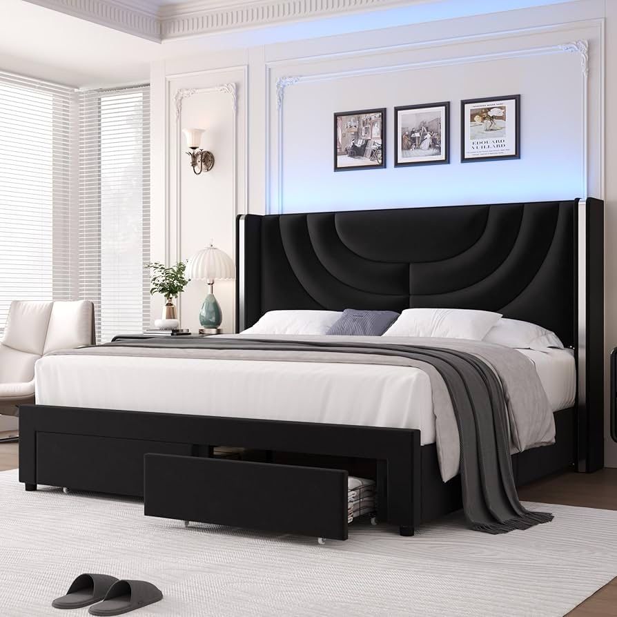 King Upholstered LED Bed Frame with 2 Storage Drawers, Velvet Platform Bed with Wingback Headboard, Solid Wooden Slats Support, No Box Spring Needed,