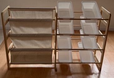 Bookshelf with toy bins