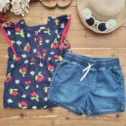 SIZE 9-12 GIRLS 2-PIECE OUTFIT CHERRY PRINT COTTON TUNIC W/CHAMBRAY SHORTS