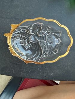 Vintage Mikasa Glass Angel Trinket Dish with Gold Rim
