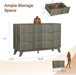 VINGLI Fluted Grey Dresser 6 Drawer
