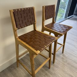 2 Wood Stools With Leather Support For Sale