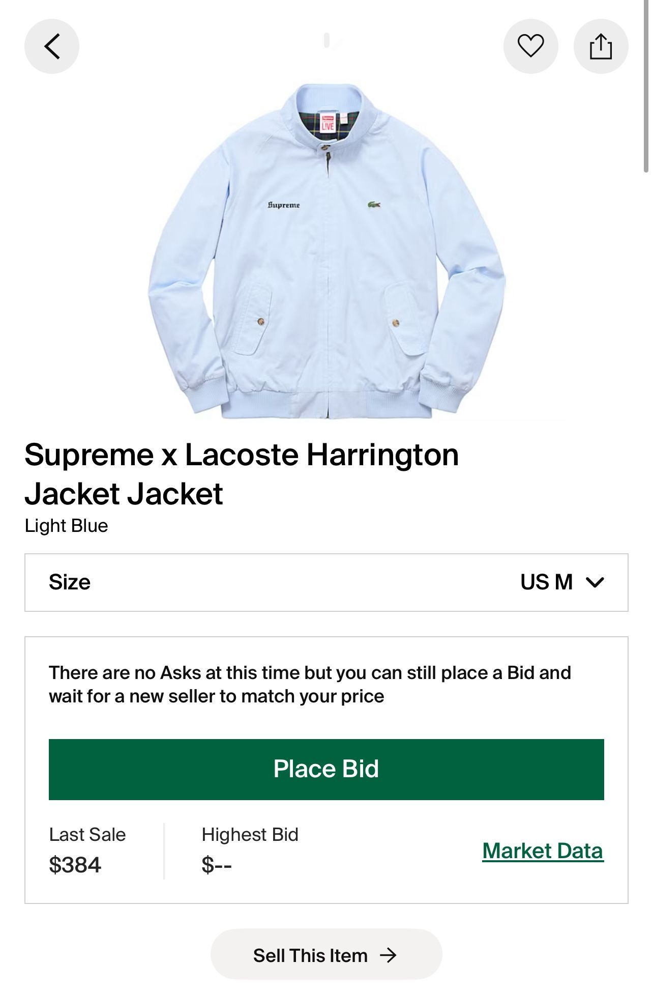 Supreme x Lacoste Harrington Jacket SS17 - Light Blue Size Medium Men’s