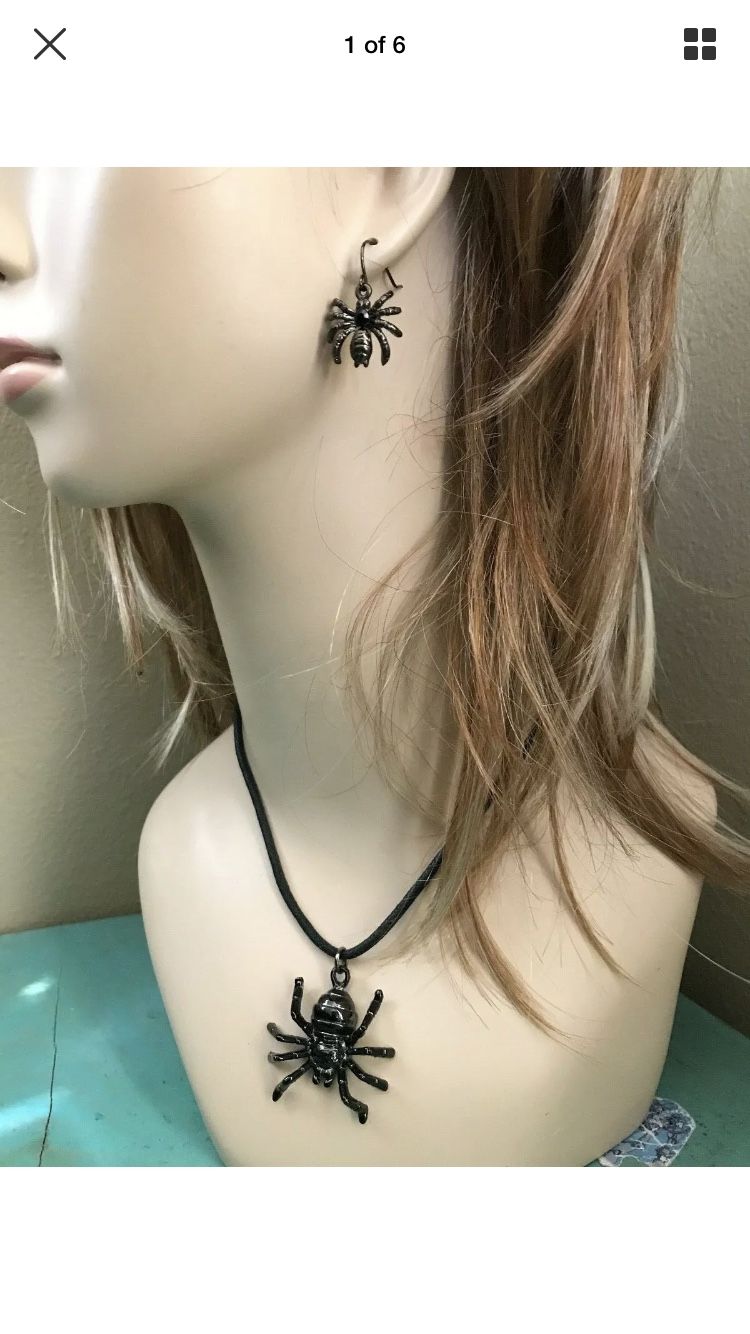 Mystic Treasures Gothic SPIDER NECKLACE & EARRINGS Set Halloween Jewelry Choker