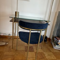 Westelm glass and metal table with chair and lamp