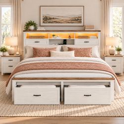 White Farmhouse King Size Bed Frame with Drawers & Storage Headboard