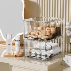 3Pack Striped Stackable Makeup Organizer, Clear Acrylic Organizers Storage Drawer Organizer, Cosmetics Case and Beauty Organizer for Vanity, Kitchen C