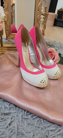 ShoeDazzle Pink & White Studded Platform Heels
