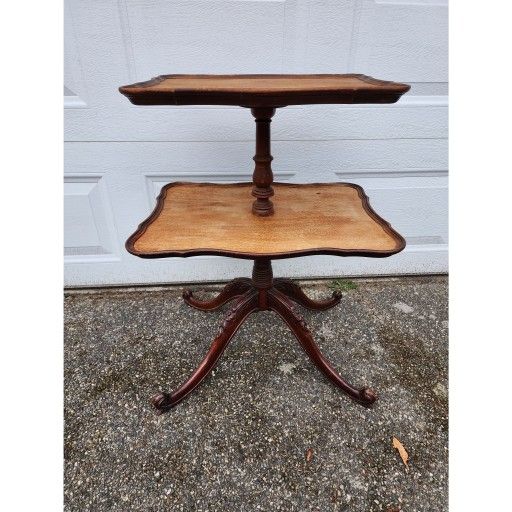 Antique Victorian 2 Tier Dark Wood Dumbwaiter Parlor Table With Detailed Carved Feet. 