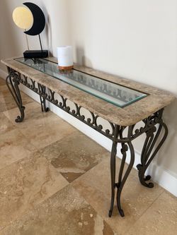 Marble glass entrance table-brown/tan with iron legs