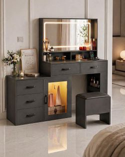 Vanity Desk with Mirror and Lights, Makeup Table Set with LED lights Black