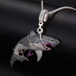 Exquisite Micro Pave 14K White Gold-Plated 5A+Cubic Zirconia Shark Pendant with 24"Rope Necklace