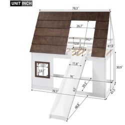 Merax Twin Over Twin House Bunk Bed Frame with Roof,Window,Ladder and Slide NO MATTRESS 