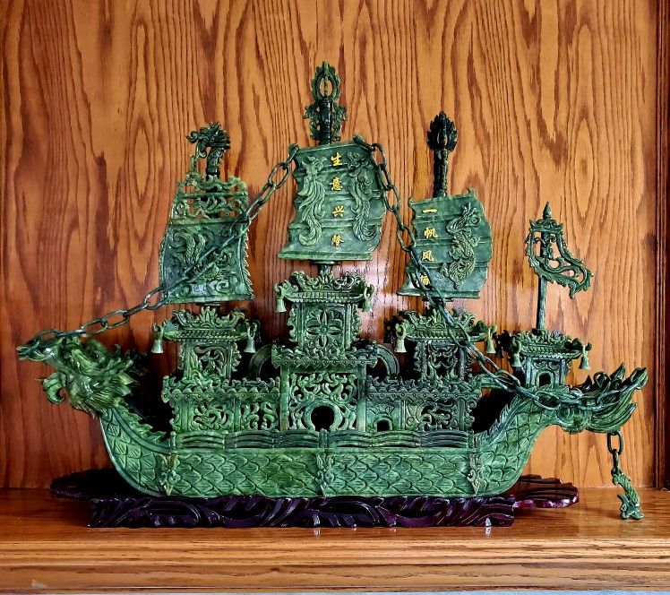38 INCH Carved Chinese Jade Dragon Boat with Stand