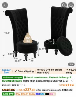 Retro High Back Armless Chair Black Velvet