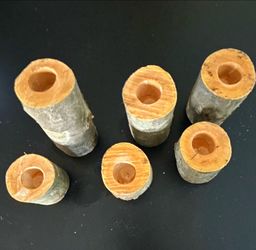 Unique Set of 6 Rustic Natural Wood Log Taper/Dinner Candle Holders Freestanding