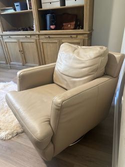 Modern Top-Grain Beige Leather Swivel Accent Chair
