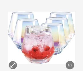 Brand New GoldArea Wine Glasses Set Of 6 (10oz), Stemless Wine Glass For Red And White Wine, Diamond Shaped Iridescent Glassware 