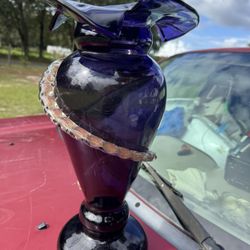 Blenko Cobalt Glass Bodice with a Swirling lobe form of copper tone Vase