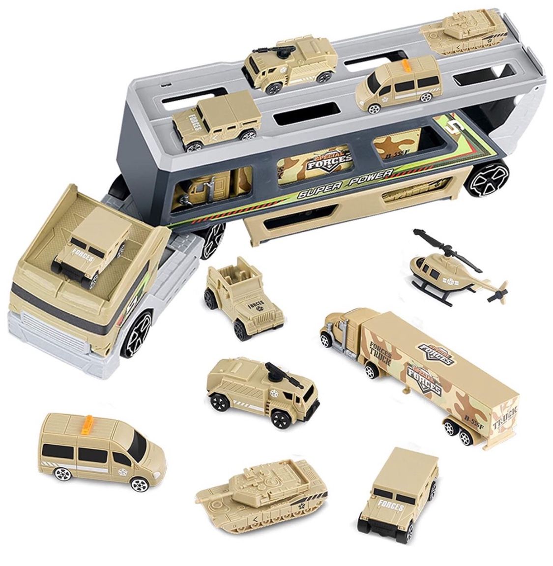 Military Truck Set - 7 in 1 Mini Die-cast Battle Car in Carrier Truck