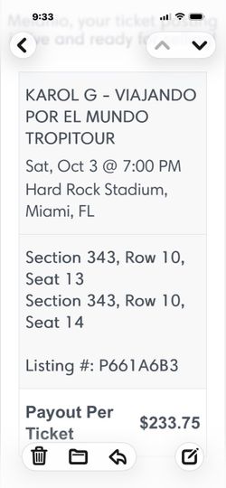 Karol G Tropitour Miami Concert Tickets x2