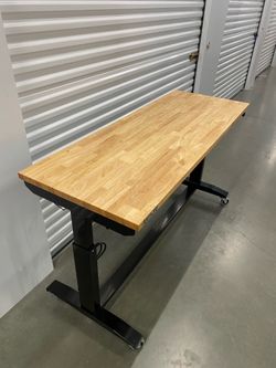 Husky Adjustable Height Black Workbench Table with Solid Wood Top - 62” W x 24” D with 10 Outlet 2 Pack