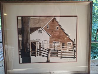 Framed Original Watercolor Painting Farm Rustic Barn