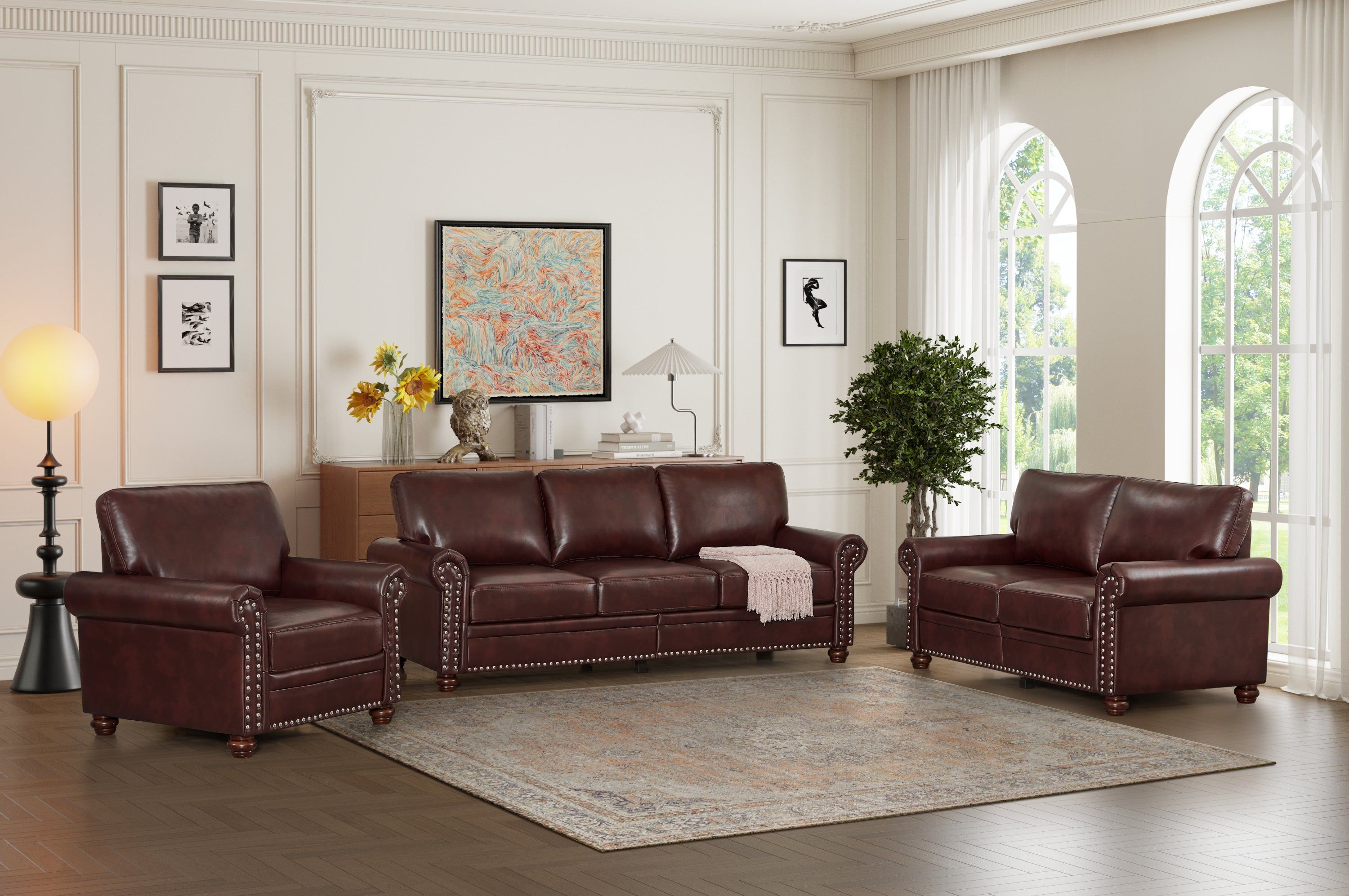 Trinity Faux Leather 3-Piece Living Room Sofa Set with Storage, Seats 6, Burgundy-Brown