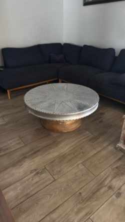 Vintage riveted metal and wood round coffee table
