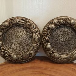 A Set of 2 Seashell Embossed Pewter Candle Holders