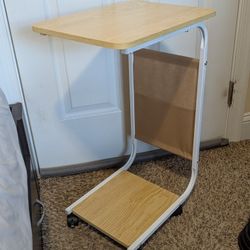 2-Tier Wooden Side Table with Storage and Wheel