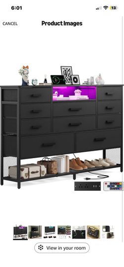 Black felt and metal dresser with LED lights and outlet