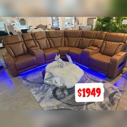 116" Light Brown Leather Aire Transformer Power Reclining Sectional Sofa with Power Headrest  Bluetooth Speakers  LED Lights USB & USB-C Ports Storage