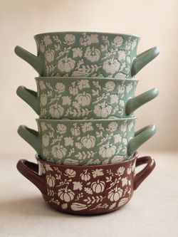 Set of 4 Ceramic Soup Bowls with Handles – Pumpkin Floral Fall Design