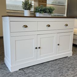 54inch-White Farmhouse Sideboard Cabinet ✅Features 3 spacious drawers, 3 paneled doors, and adjustable interior shelving ✅Ideal as a bar