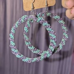 Turquoise And Purple Handmade Macrame Hoop Earrings 