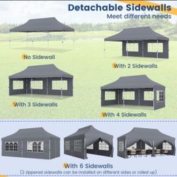 10x20 Pop Up  Canopy Tent with 6 Removable Sidewalls, Canopy,  Waterproof Canopy with  4 Ropes and 8
