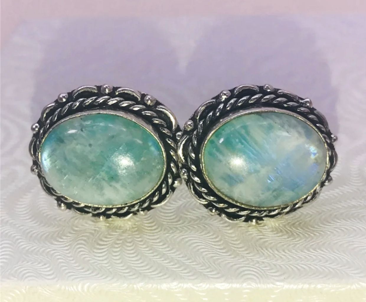 Natural bright blue rainbow 🌈 moonstones & .925 stamped sterling silver men’s cuff links NEW!