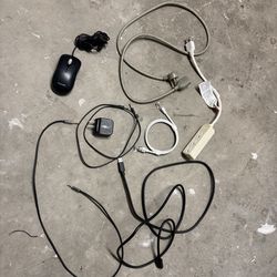 Assorted Cables and Mouse, Includes various cables and a Microsoft mouse.