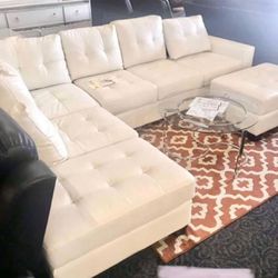 Heights White Faux Leather Reversible Sectional with Storage Ottoman / couch
