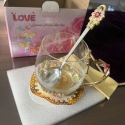 Glass Coffee Tea Mug Cup Butterfly Rose Rhinestones Spoon Coaster Set New