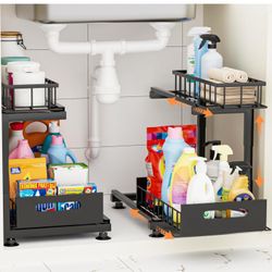 Under Sink Organizer, Heavy Duty Metal Pull Out Cabinet Organizer Slide Out Sink Shelf Organizer Height Adjustable, Multi-Purpose Storage Shelf for Ki