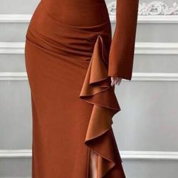 Rust long sleeve ruffle slits maxi dress