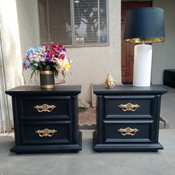 Pair Of 2 Drawer Solid Wood Nightstands-Black With Gold 