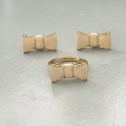 Kate Spade Gold tone and Cream enamel Bow Ring With Earrings  