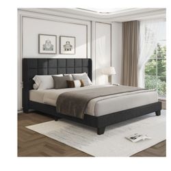 (firm Price Queen Size Platform Bed Frames , Fabric Upholstered Square Stitched Headboard and Wooden Slats, Mattress Foundation(6230 Queen Dark Grey)