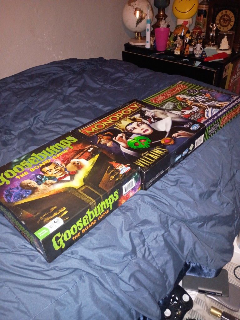 Goosebumps, Disney Villains Monopoly, Beetle Juice Card Scramble Board Games