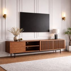 POVISON - 71" Mid-Century Modern Walnut TV Stand w/ 2-Drawers / Open Shelf Storage / Storage Cabinets [NEW] **Retails for $1379   <NO ASSEMBLY REQ>
