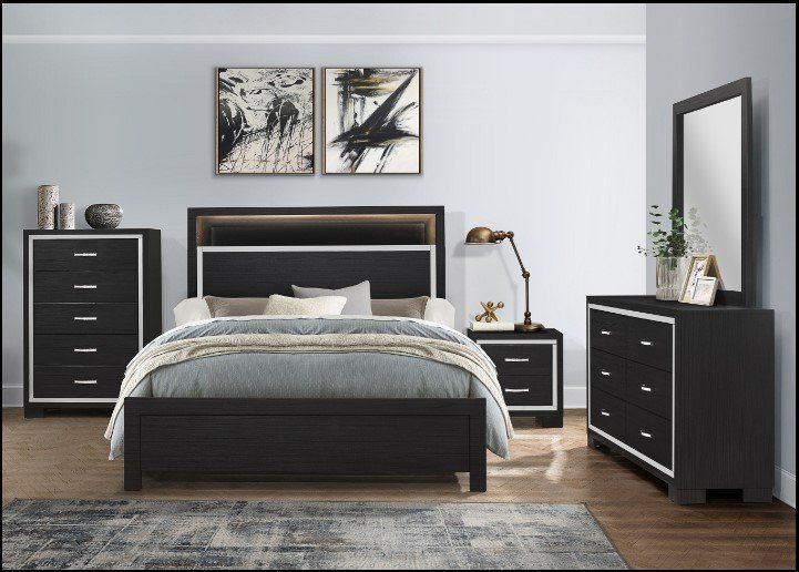 Brand New Modern design black Queen bedroom set with bookcase headboard & LED lighting