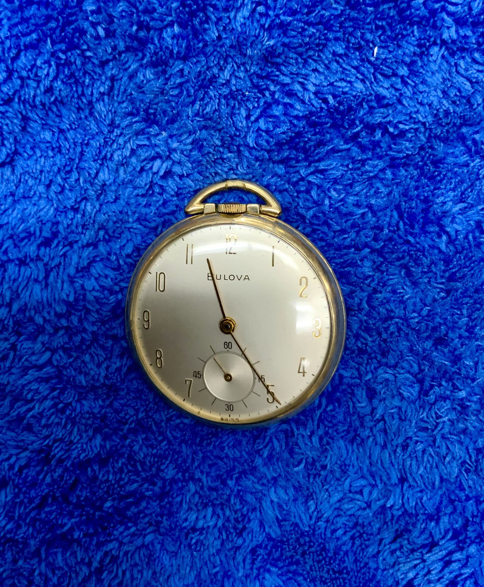 Vintage Bulova Open Face Pocket Watch Antique 17 Jewels Swiss Unadjusted Off-white Dial Gold Tone Plate Filled Collector Luxury Brand Fashion